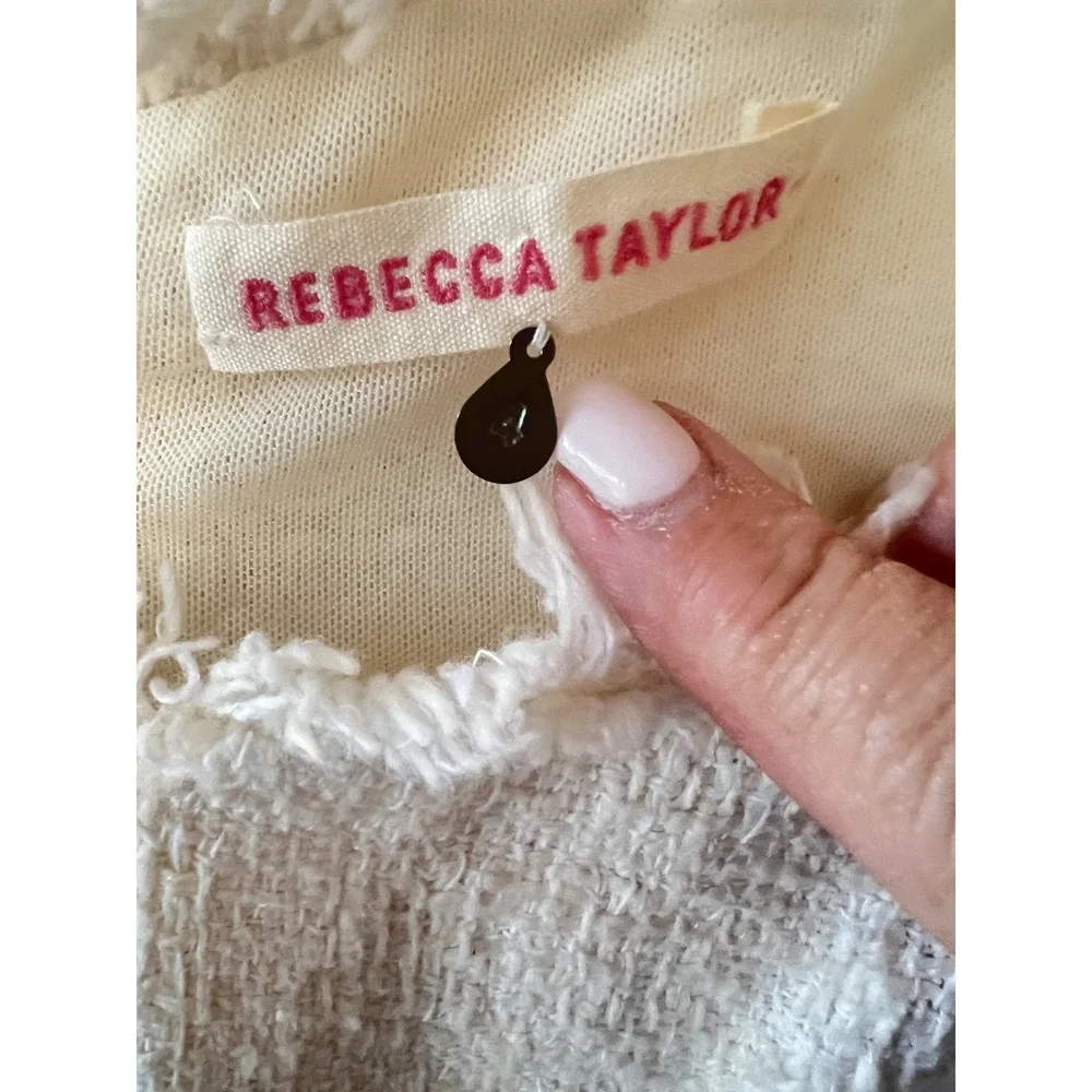 REBECCA TAYLOR Designer Luxury Cream Tweed Leather Peplum Coquette Luxe Top Sz 4